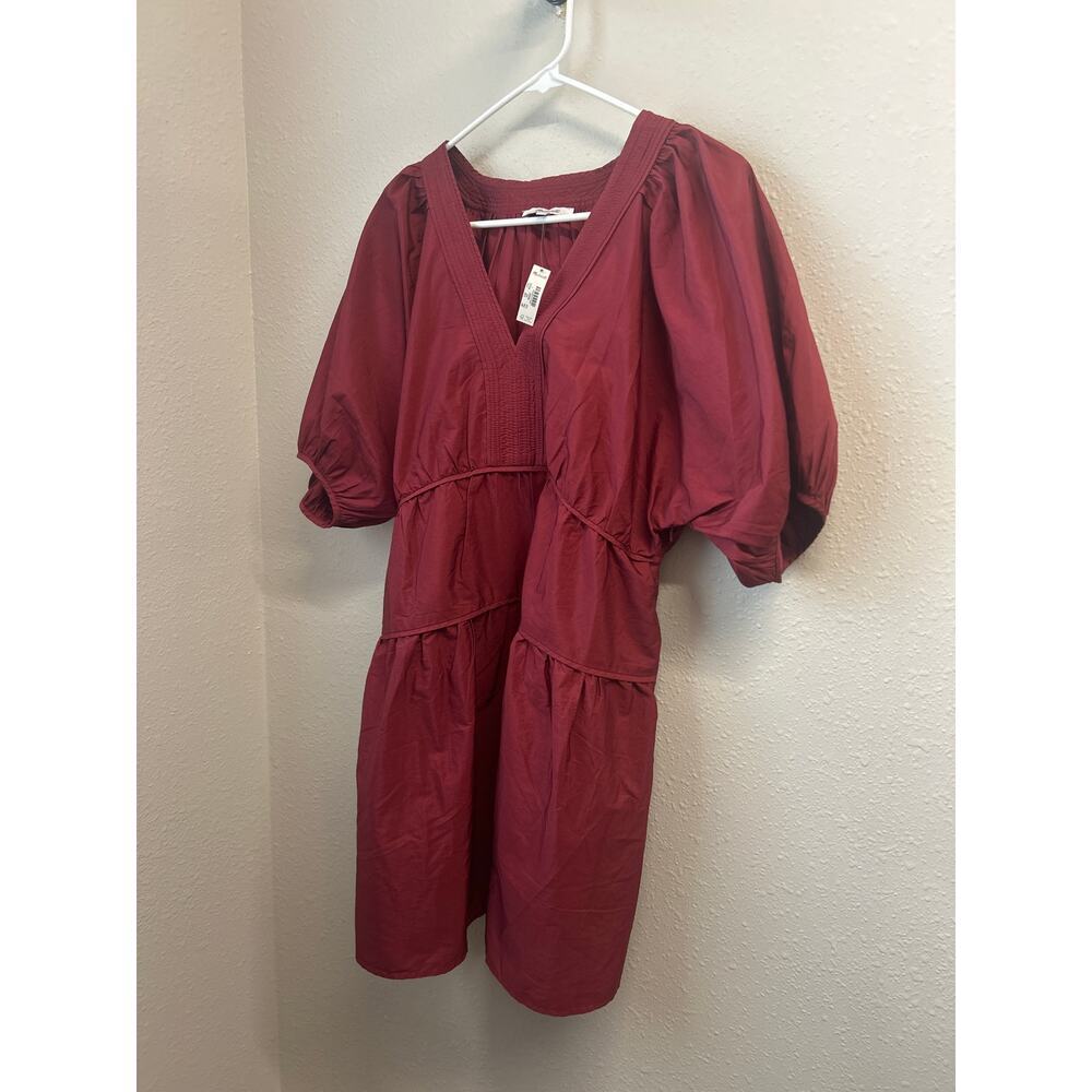 NWT Madewell Puff-Sleeve Mini Dress Poplin Fall Photos Tiered 100% cotton pocket